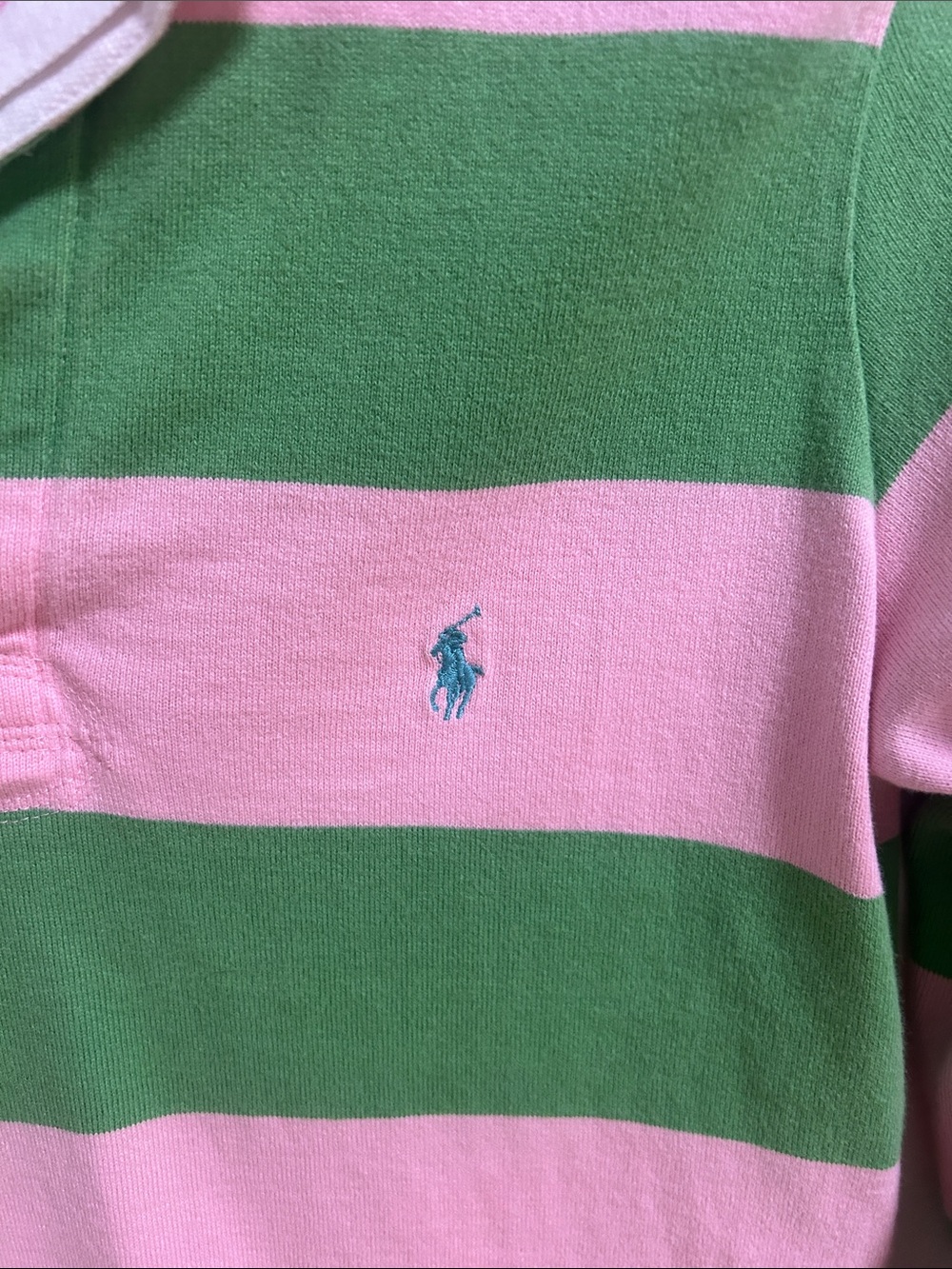 Vintage Preppy Polo by Ralph Lauren Pink and Green Striped Rugby Polo Y2K - Picture 2 of 6